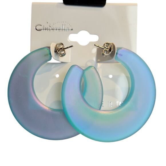 Blue Hoop Earring 1.7" Retro Bold Iridescent Y2K Festival Pierced 80's Statement - Picture 6 of 7